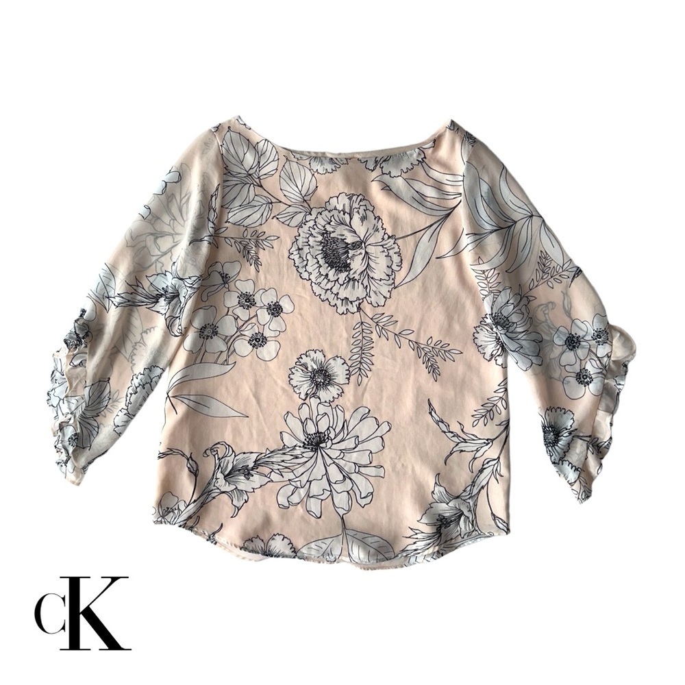 NWOT CALVIN KLEIN PINK & WHITE FLORAL CHIFFON BLOUSE RUFFLE FLARE 3/4 SLEEVES XS